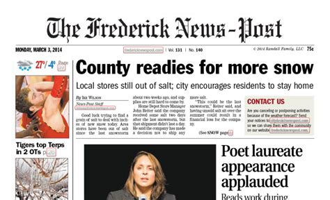 The frederick news post - By Staff reports. May 1, 2020. 20. In a response to the COVID-19 crisis, and also in response to long-term trends affecting the newspaper industry, The Frederick News-Post is combining its ...